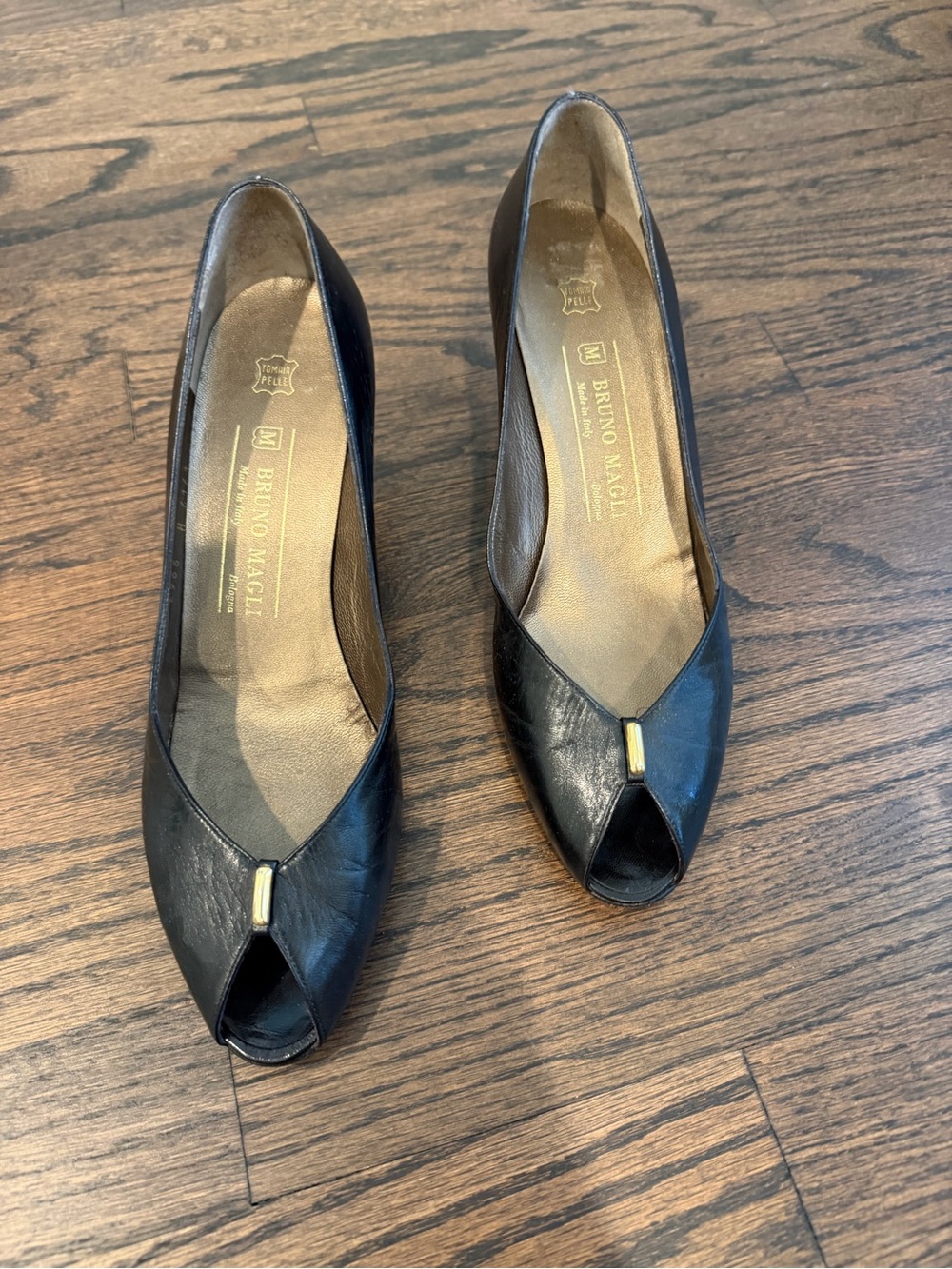 Bruno Magli Black Leather Peep-Toe Heels with Gold Accent